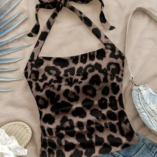 Women's Fashion Casual Fitted Halter Neck Top, Casual Beach Tank, Leopard Print, Adjustable Straps, Sleeveless, Summer Beachwear, All Season Wearable, Leopard Print Tops