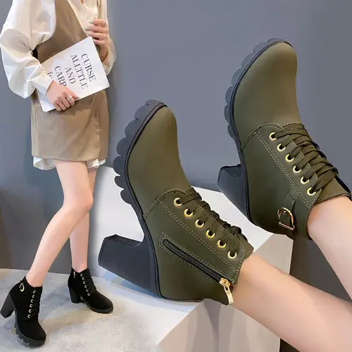 Women's Winter Warm Ankle Boots Thick Sole High Heel Black PU Leather Side Zipper Lace-Up Detail Plain Toe Chic Everyday Booties Faux Fur Lined Rubber Sole US Size 6.5-10.5 Girl Footwear Shoe Walking Shoes Decor