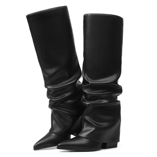 EROCALLI Women's Fold Over Boots Slouch Knee High Boots for Women Chunky heels Heel Pointed Toe Tall Boot, Wide Calf, Pull-on Covered chunky Heel Patent Leather Knee High Boots