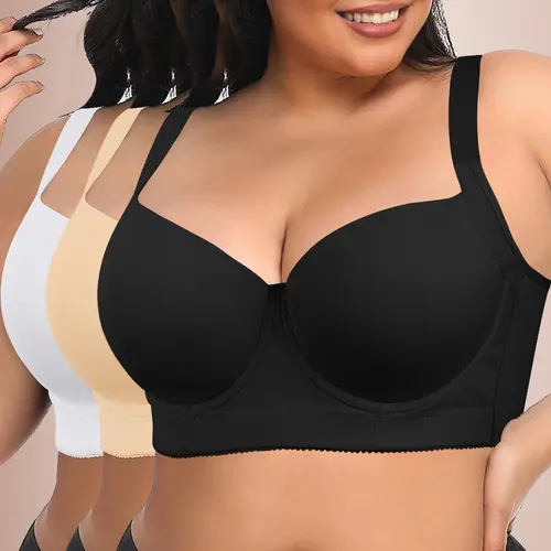 【BackToSchool】Mimilemon Women's 3PC Plus Size Full Coverage Push-Up Bra, Lightly Padded Lined, Adjustable Straps, Underwire, Solid, Comfortable, Simple, Feminine Aesthetic, Wings, T-Shirt Bra for Summer Everyday Elegant Wear