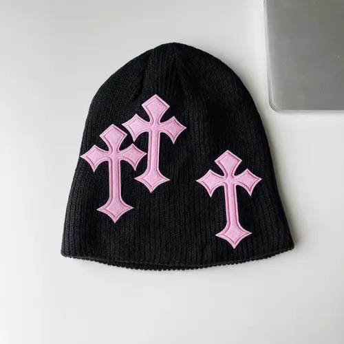 Sopula Studio Men's Gothic Cross-Design Acrylic Beanie - 21st Century Style Casual Embroidered Hats for Women, Gothic Streetwear Hat Suitable for Multiple Seasons, Acrylic Hat