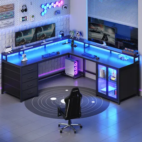 Sedeta 109in Reversible Adjustable Sturdy L-Shaped Gaming Desk - 4 Drawers, Display Cabinet, CPU Stand, LED Lights, Power Outlet, Monitor Arm, Home Office Man Cave Furniture for Desks for Gaming, Dual Monitor Setup, Studio Setup, Home Office Ideas