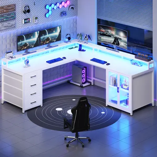 Sedeta 109-Inch L-Shaped Modern Wood-Metal Gaming Desk - Home Office Desk with 4-Drawer Storage Display Cabinet, 2 Monitor Risers, CPU Stand, LED Lights, Power Outlet for Gamers, Desks For Gaming,dorm essentials,home decor
