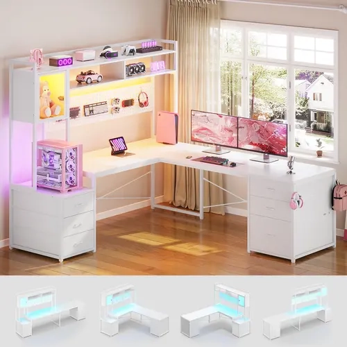 Sedeta L-Shaped Gaming Office Furniture Desk - Reversible Corner Unit with Built-in LEDs, Multi-Drawer, File Drawer, Hutch, Storage Shelves, Power Outlet, Stable Wood-Metal Base for Home Workstations, Desk For Bedroom, Modular Home Desks & Workstations, F