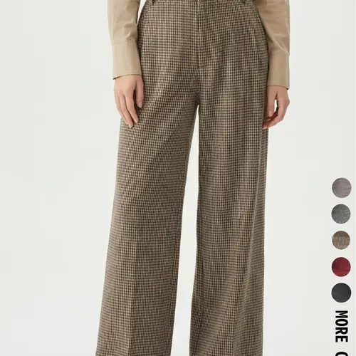 Women's autumn and winter thousand-bird pattern, Houndstooth heavy-duty fabric pleated button elastic waist wide-leg trousers split zipper work chic Casual Fashion Trousers autumn and winter essential Casual Work Pants