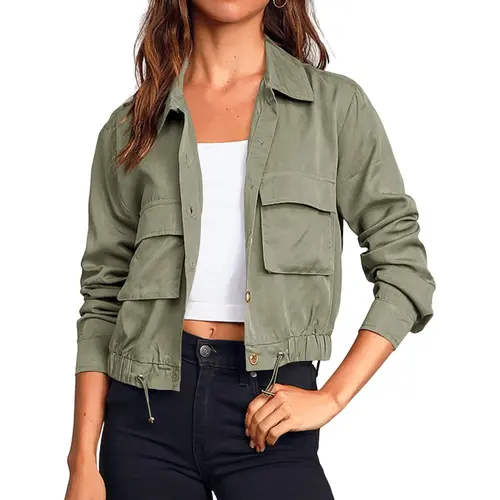 Women's Military Safari Cropped Jackets Button Down Lightweight Oversized Utility Anorak Coat with Pockets,back to school,back to school shopping,clothes for back to school,first day of school outfits