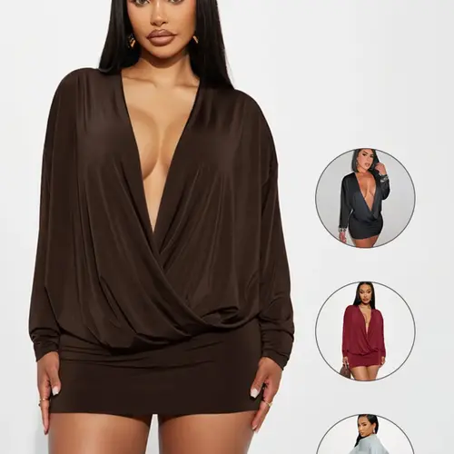 Women's Street Style Y2K Deep V Batwing Sleeve Dress, Long Sleeve Spring & Fall Fashion, Trendy Ladies for Casual Wear, Casual Comfy Chic