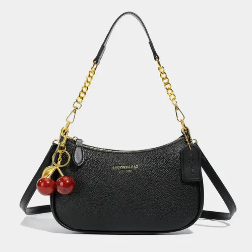 Small Classic Sweet Handbag, Niche Lychee Textured Design, Stylish Chain Bag with Cherry Pendant, Exquisite Fashion Versatile, Suitable for Commuting, Shopping and Daily Use