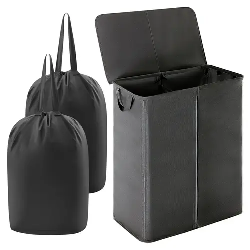 Lifewit Modern Rectangle Collapsible Laundry Hamper - 105L/160L Large Double Divided Laundry Organizer with Lid, Removable Non-Woven Recyclable Bags, Handles, Manual Setup, Foldable for Small Room Organization Products, Home Supplies Storage Organization