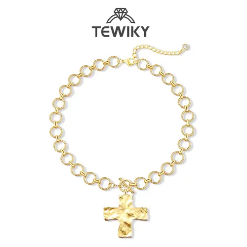 Tewiky Gold Chunky Necklace For Women Statement Cross Pendant Necklace Layered Hammered Bold Cross Necklace Vintage Toggle Clasp Necklace Jewelry For Easter