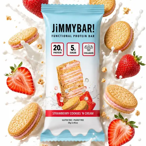 JimmyBar! Strawberry Cookies 'n Cream Protein Bar - 18g Protein, Collagen, Low Sugar, Functional Bar, 12 Count Box, Peanut-Free, High Protein Snack, Great Protein Snacks, Protein Packed Snack