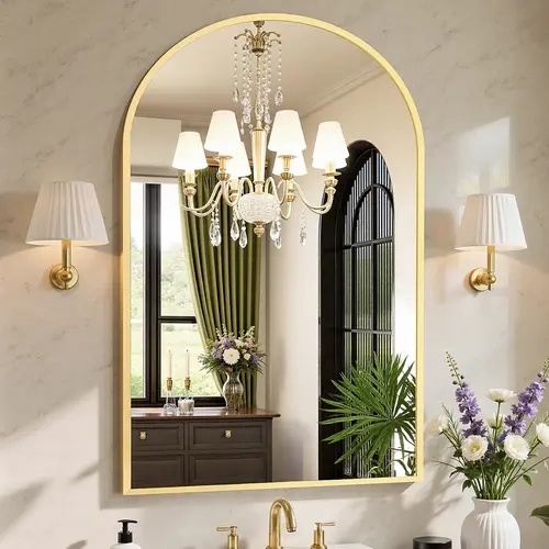 Arched Top Aluminium Frame Interior Mirror - Shatterproof Wall-Mount Glass, Accurate Reflection Vanity Aesthetic Makeup Piece for Sink Quick Grooming, Bathroom Mirrors for Vanity & Decorative Wall Decor