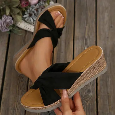 Women's Wedge Sandal Bow Embellishment Lightweight Slip-On Slippers Wedge Slide Slippers Indoor Outdoor Summer Vibes