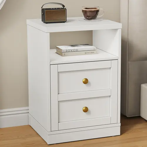 【SohoChic】RoyalCraft Nightstand with Storage Shelf and Door, Faux Two-drawer Design Side Table , Modern Night Stand for Bedroom Dorm, Wood End Table for Living Room Small Spaces
