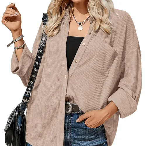 ZEAGOO Women's Waffle Knit Collared Blouse - V-Neck, Long Sleeve, Lightweight Button Closure Top with Pocket, Business Casual & Casual Blouses & Shirts for Autumn Workwear, Business Casual Tops