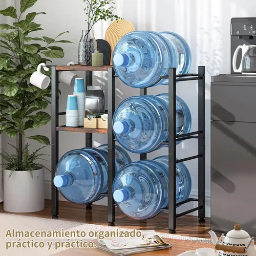 Rustic Brown Sturdy Metal-Wooden 5 Gal Bottle Holder Rack - Rectangle Frame with Curved Slots, Shelf for Extras & Water Dispenser Stand, Rustic Look Home/Office Storage Organizer