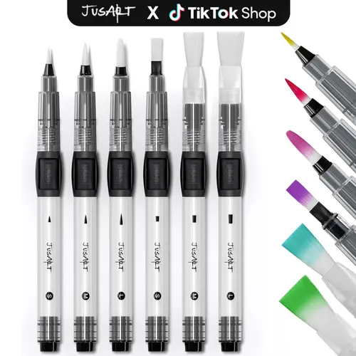 JusArt 6-Pack Leak-Proof Refillable Dual Tip Paint Brushes - Pointed & Flat Nylon Bristles, DIY Painting Supplies, College School Supplies, Dual Ended Pen Dripless Kit for Acrylic & Gouache Painters, Office Art Materials