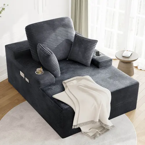 LIKIMIO 49" Oversized Corduroy Chaise Lounge Sofa Bed - Furniture with 2 Cup Holders, Storage Pocket, Full Foam Support, No Assembly, Plush Upholstery for Living Room, Apartment - Sofas Living Room, Apartment Furniture, Couch, Cloud Couch