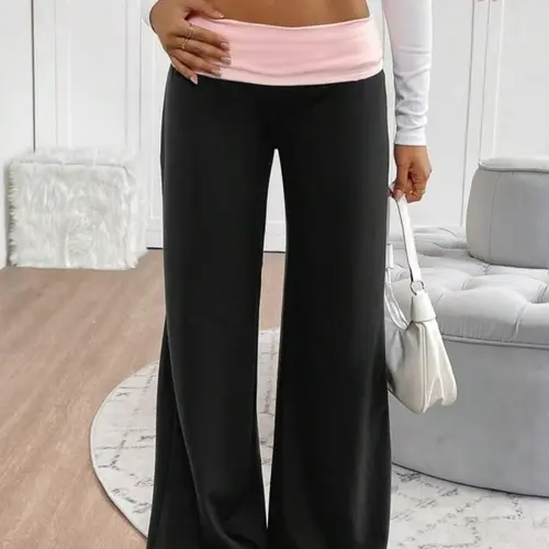 Women's Casual Spring Wide Leg Pants with Contrast Lapel Collar, Perfect for Graduation & Back-To-School, Teacher Creative Design, Bottoms, Fit, Athleisure casual trousers, Casual Lounge Pant