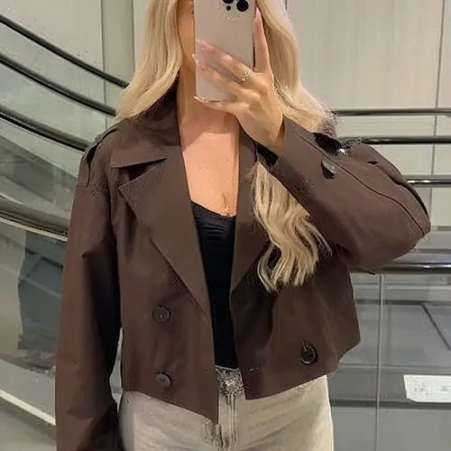 Women's Windbreaker Trendy Cropped Trench Coat Dark Brown Double Breasted Jacket Lapel Collar & Belted Cuffs Vintage Fall Winter Casual Collared Outerwear Casual Outerwears Women's Casual Streetwear