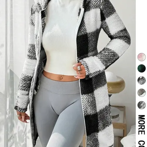Women's  Plaid Fleece Hooded Fitted Coat, Fitted Casual Fashionable Fall Winter Outerwear, Soft Fluffy Fleece Fabric & Full Zip Closure & Hooded Design & Mid-Length Silhouette & Multiple Color Options，Valentine，1pc