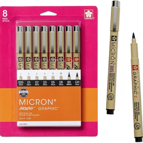 SAKURA Pigma Micron Fineliner Pens - 8 Count Japanese Office Stationery, Archival Black Felt Tip Pens, Assorted Point Sizes Including 1.0mm, Bleed Free Fade Resistant Precise Lines for Art & Work