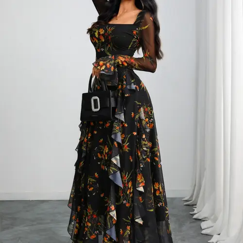Women's Elegant Fitted Floral Print Long Sleeve Square Neck Dress, Romantic Style Mesh Patchwork Dress, Formal Dress Up Gown for All Seasons, Womenswear