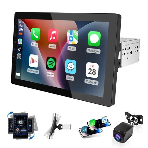 Haudio 10.1" Single Din Car Stereo - Rotatable Wireless CarPlay Screen, Android Auto, 1080P Rear Camera, Touch Screen Mirror Link, Bluetooth Music, AUX, FM, USB, Sunscreen, iOS Compatibility, 12V Power for Everyday Use