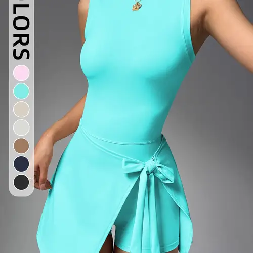 Women's Sleeveless Round Neck One-Piece Skort, Back Cutout Wrap Tie Design, Anti Slip for Tennis and Golf, Activewear Dress
