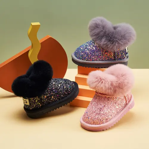 Girls' Glitter Low-Ankle Winter Boots for 5-6 Years - Fleece-Lined, Thick Soft Sole, Round Toe, Cartoon Print, Heart Pompom, Zipper Closure Pink Outdoor Shoes