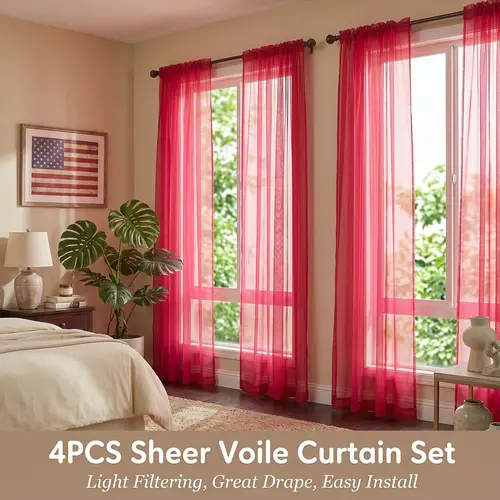 4-Panel 34"x95" Solid Light Voile Sheer Rod Pocket Curtains - Lightweight, Durable Easy Install Interior Decoration Accessories for Living Room Aesthetic Home Use FT2539 Summer Gift #SummerVibes, Easy Install Curtain