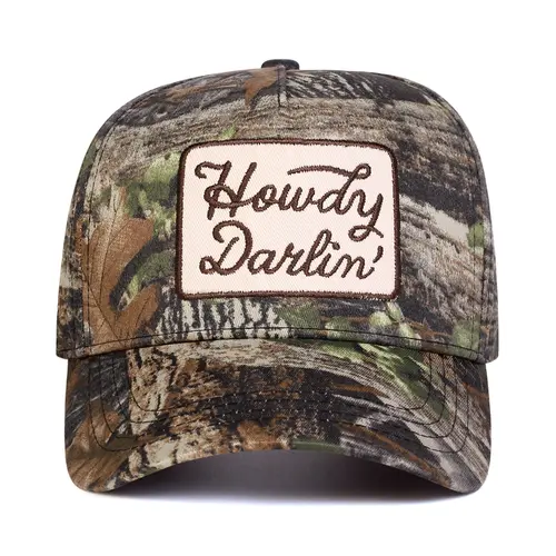 Unisex Adjustable Baseball Cap, Howdy Darlin Letter Embroidery Design, Casual Fitted Woven Fabric Hat for Spring & Fall Outdoor Activities, Camo Dad Hat, Embroidered Hat, Embroidered Baseball Caps