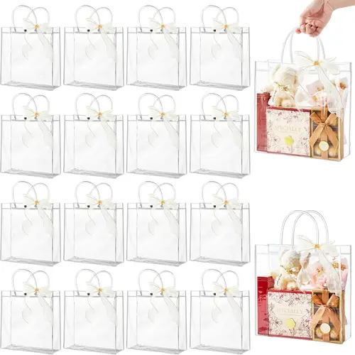 Clear Gift Bags with Handles Large Transparent Reusable PVC Tote Bag Bulk for Party Favors Shopping Boutique Wedding Birthday Festival 50pcs, Gift Wrap Bags, Durable Party Bags & Package
