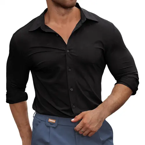 STREVATE Men's Muscle Fit Shirt,Wrinkle-Free Casual Button Down Long Sleeve Dress Shirt