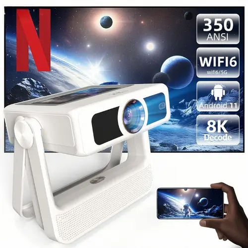 XBJ A5PRO Smart Portable Remote Control Projector, 8 Kilopixel/1080P Resolution, Smart Touchscreen, WiFi6/5G, Android 11, BT5.4, 350 ANSI Lumens, Wireless Screen Projection for Outdoor Movies, Smart Projector