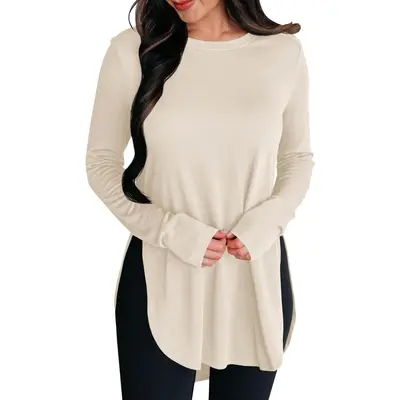 Womens Long Sleeve Tunic Tops Fall Casual Crew Neck Side Split Hi-Low Hem Loose Shirts To Wear With Leggings,back to school,back to school shopping,clothes for back to school,first day of school outfits