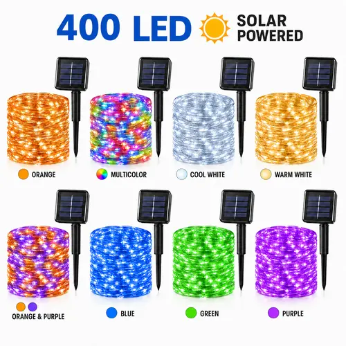 2-Pack Solar-Powered Copper Wire Fairy String Lights, 2×72ft (400 LEDs), 8 Modes, Led Strips, Colorful Lights, Fairy Aesthetic, Halloween Decor for Outdoor Gardens, Weddings, Camping Essentials