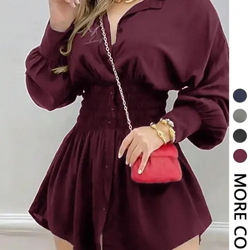 Women's Fashion Trendy Minimalist Solid Color Pleated Waist Long Sleeve Dress, Boho Casual Comfy Style Woven Elegant Fitted Style, All Seasons Wear, Plain Pattern, Womenswear