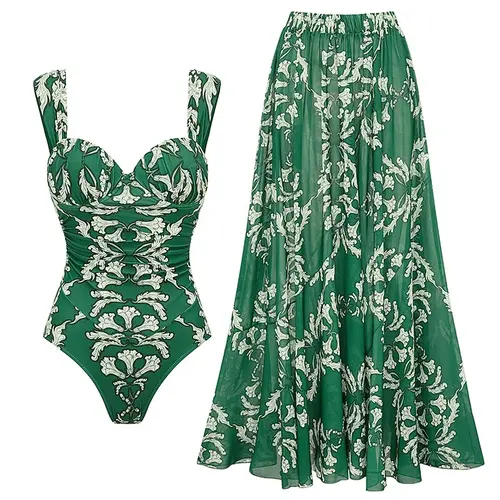 FLAXMAKER Women's Push Up Underwired Ruched Diamond Neckline Green Print One Piece Swimsuit and Matching Skirt Set Swimdress Swimwear #FallFreshness vacation outerwear clothing swim #Summervibes outdoorfun #SwimWeek