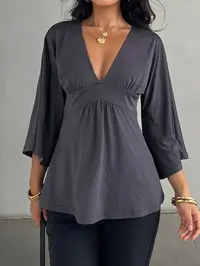 Women's V Neck Patchwork Ruched Batwing Sleeve a Line Loose Fit Fall Winter Y2K Casual Basic Tee, Comfortable Long Sleeve Top Blouses Shirts Tops