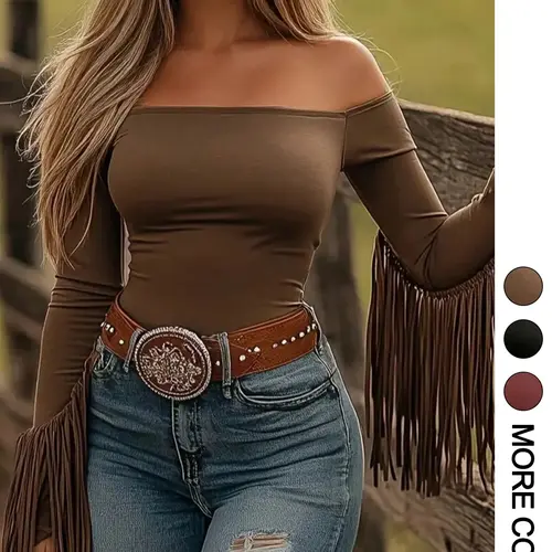 Women's Long Sleeve Knit T-Shirt Fit, One Shoulder Design with Fringe Detail, Perfect for Spring Outdoor Activities & Casual Wear, Casual Fitted Knitwear, Knitwear, Lady Tops, Womenswear, Style