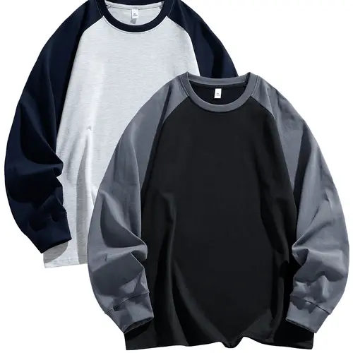 Men's Colorblock Long Sleeve T-Shirt, Casual Fashion Tee for All Seasons, Fitted American Style Round Neck Sporty Base Layer