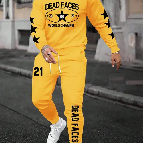 Two-Piece Set Men's Classic Star Graphic Print Sweatshirt & Drawstring Waist Sweatpants, Garment, Casual Loose Round Neck Long Sleeve Pullover & Pocket Jogger Pants for Fall & Winter, Men's Two-piece Outfits for Daily Wear