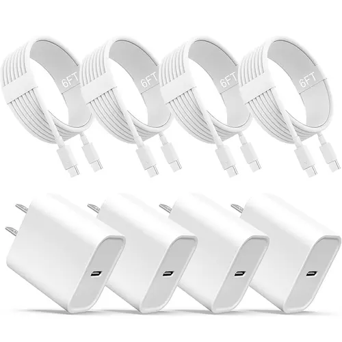 RXVNPXI 20W 4-Pack 4-in-1 Type C Wall Charger Set with 6ft USB-C Cables, Compatible Chargers for iPhone 17/16/15 Series, iPad Pro/Air/Mini, Type C Chargers