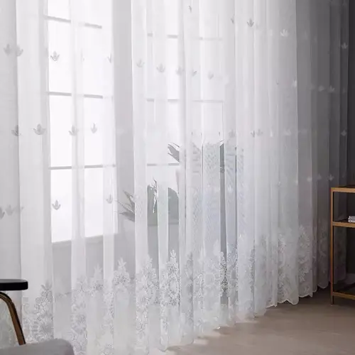 French Lace Embroidered Curtain, Romantic Floral Design, Lightweight Polyester Voile, Semi-Transparent, Privacy Curtain