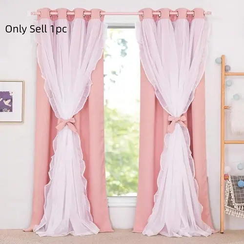 1pc Romantic Ruffled Blackout Upgrade Curtain, Window Curtain, Elegant French Style Drapes, Dual Layer Coverage, Home Decor, Living Room & Porch Decoration, Curtain For Windows, Blackout Curtains