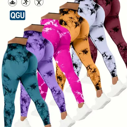 QGU Women’s 6-Pack Knit High-Waisted Tummy Control Yoga Pants - Plus Size Fashion, Sporty Chic, High Elasticity, Opaque Knit Keeps Legs Covered, Stretchy Form-Fitting Tie-Dye Summer Activewear, Gym Fit Peach-Lift Cycling Bottoms (Multiple Colors)