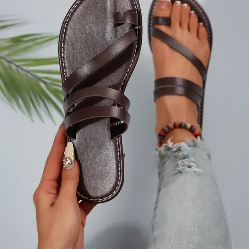Women's Toe Ring Flat Sandals, Toe Ring Slides, Casual Open-Toe Slip-On Non-Slip Rubber Slippers, Outdoor Beach Shoes, Footwear for Beach, Minimalist Style, All Seasons