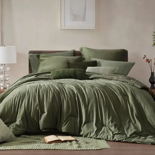 Monbix Queen Comforter Set - 7 Pieces Cationic Dyeing Olive Green Bed in a Bag Comforter Sets with Double Sided Storage Pockets, Sheets, Pillowcases & Shams, microfiber,Reversible Bedding Comforters Sets
