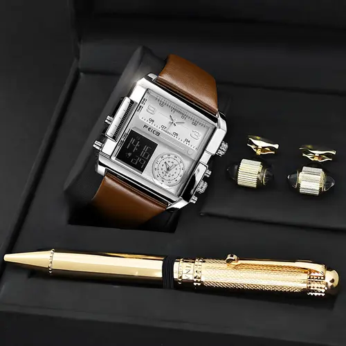 FEICE Men's 50mm Oversized Square-Dial Digital Quartz Watch - Triple-Movement, Water-Resistant, Luminous, Calfskin Leather Strap, Silver Face, Fashionable Digital Watch, Square Dial Wristwatch, Ideal for Outdoor/Everyday Wear, Unique Gifts for Man